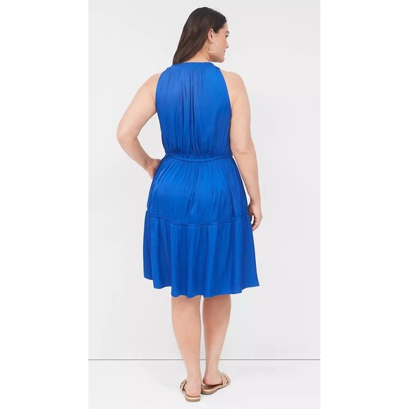 Lane Bryant Satin Smocked-Neck Tie-Waist Dress Royal Blue Sz 24 Flowy Light - Picture 2 of 12